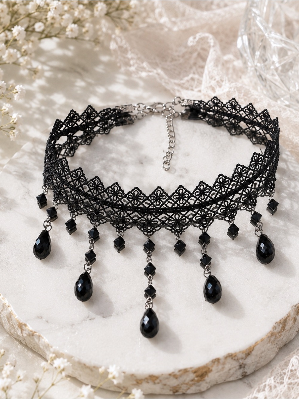Black Lace Teardrop Choker Necklace - Unbranded New